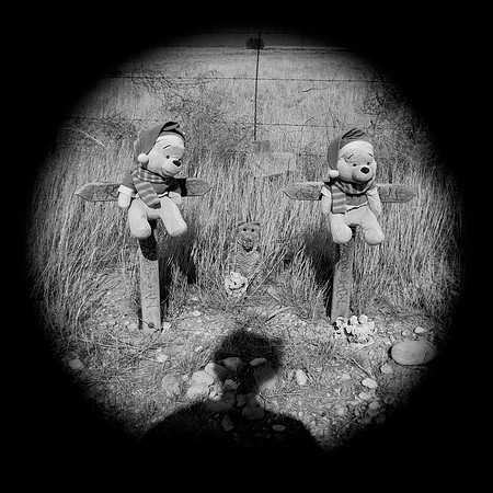Self Portrait with Roadside Crucified Christmas Pooh Bears
